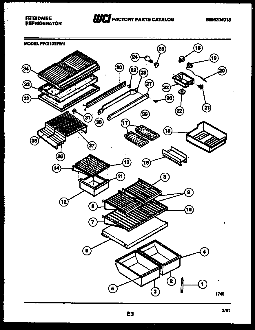 Frigidaire FPCI19TFA1 shelves and supports diagram