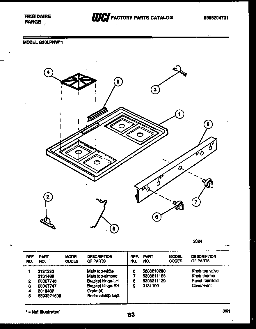 Frigidaire G30LPNW1 cooktop parts diagram