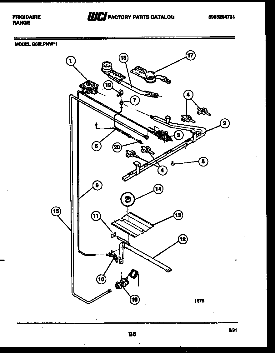 Frigidaire G30LPNW1 burner, manifold and gas control diagram