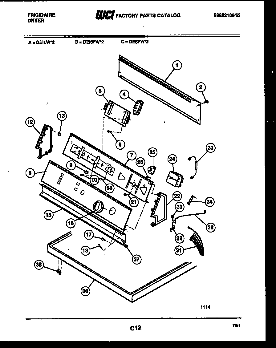 Frigidaire DEILW2 console and control parts diagram