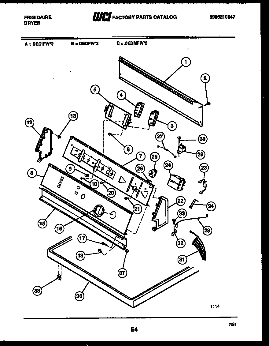 Frigidaire DEDMFH2 console and control parts diagram