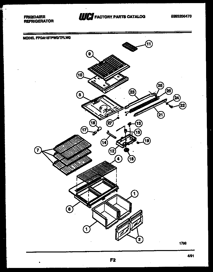 Frigidaire FPDA18TPW0 shelves and supports diagram