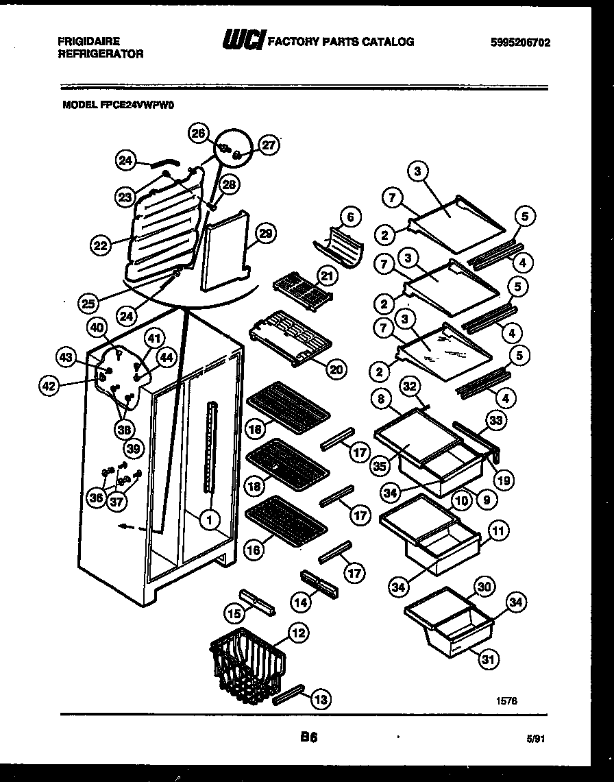 Frigidaire FPCE24VWPW0 shelves and supports diagram