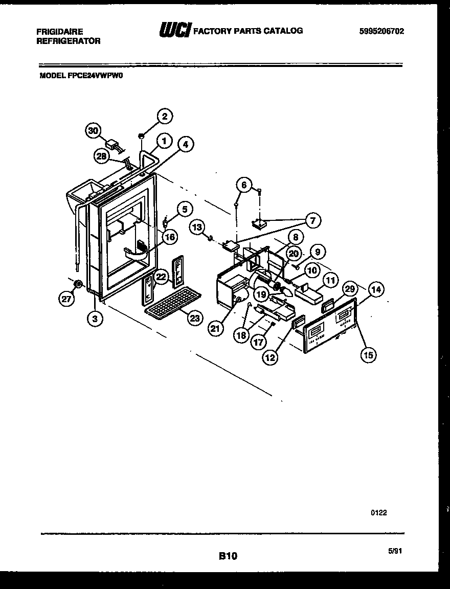 Frigidaire FPCE24VWPW0 ice door, dispenser and water tanks diagram