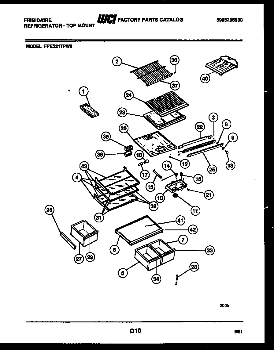 Frigidaire FPES21TPW0 shelves and supports diagram