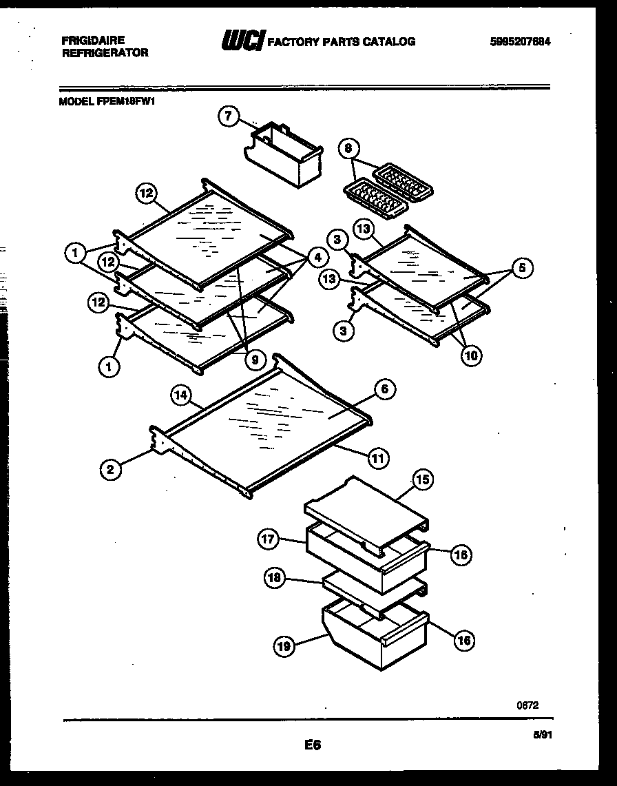 Frigidaire FPEM18FH1 shelves and supports diagram