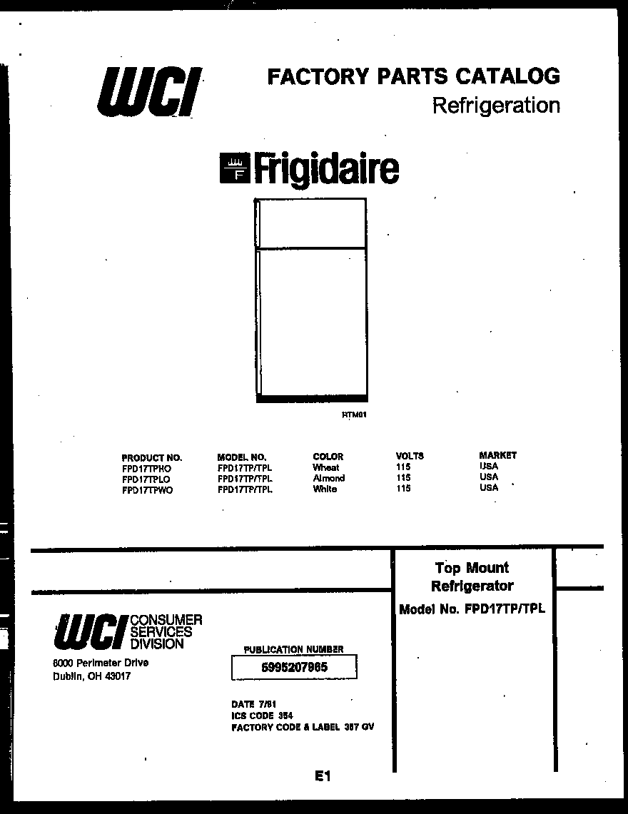 Frigidaire FPD17TPW0 cover diagram