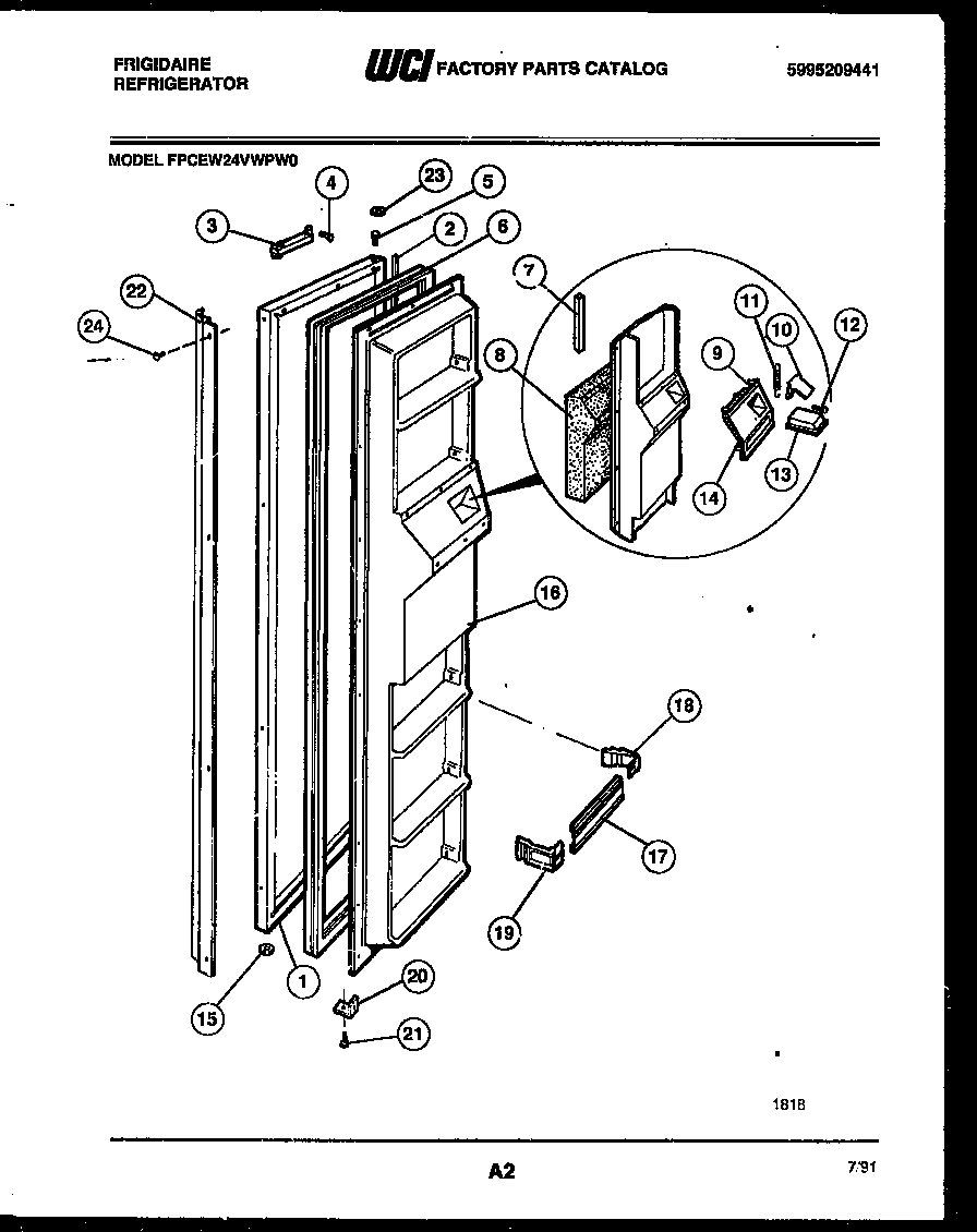 Frigidaire FPCEW24VWPW0 freezer door parts diagram