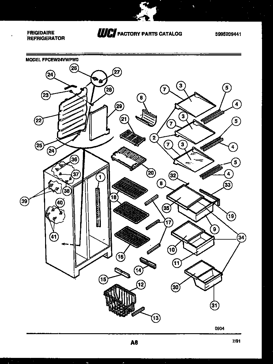 Frigidaire FPCEW24VWPW0 shelves and supports diagram