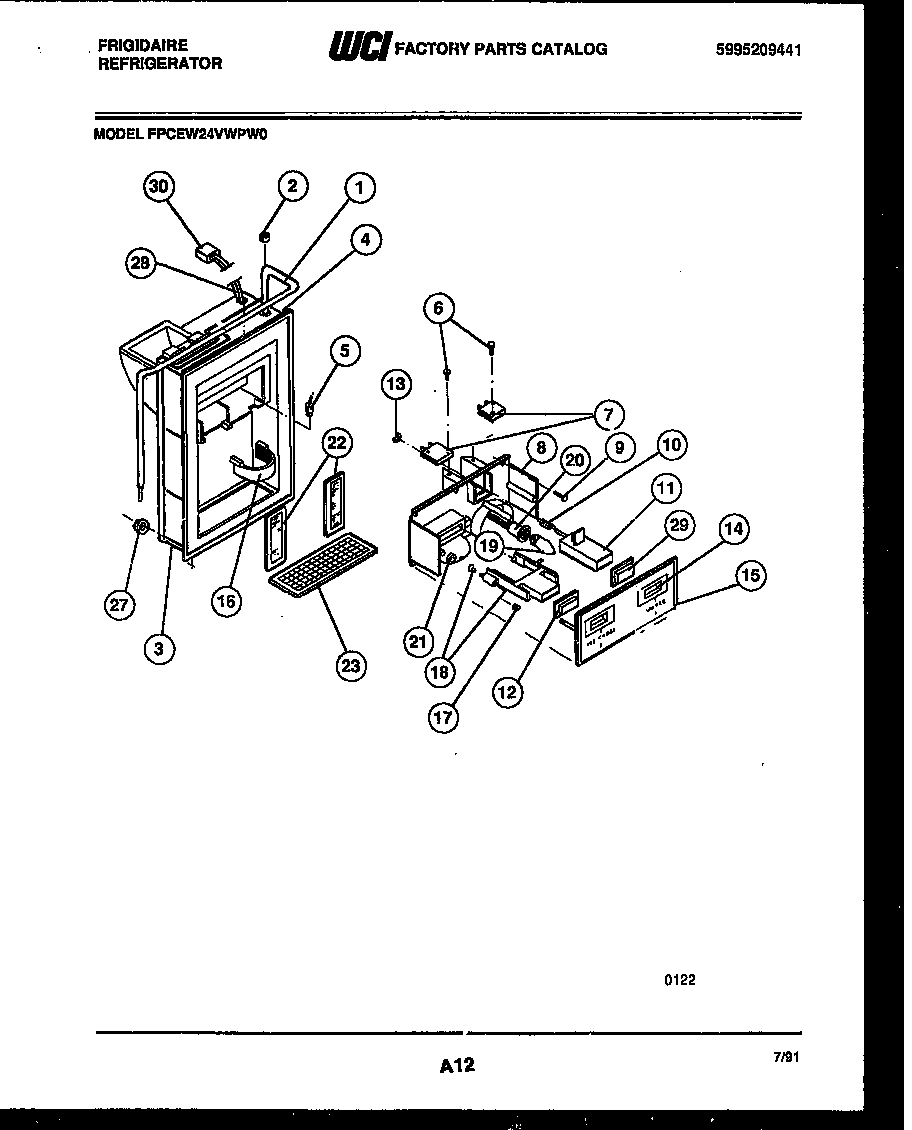 Frigidaire FPCEW24VWPW0 ice door, dispenser and water tanks diagram