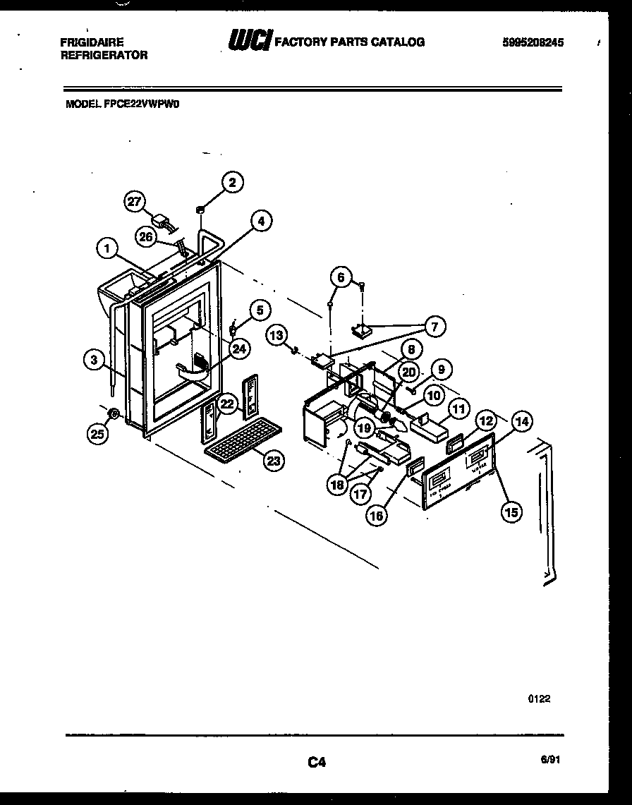 Frigidaire FPCE22VWPW0 ice door, dispenser and water tanks diagram