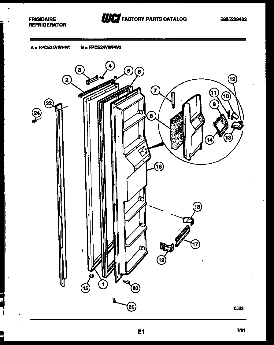 Frigidaire FPCE24VWPW2 freezer door parts diagram