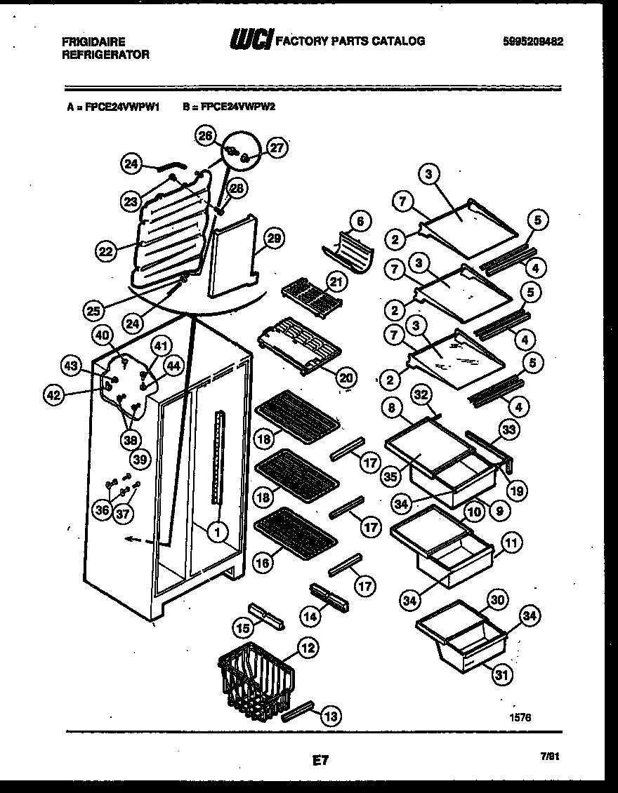 Frigidaire FPCE24VWPW2 shelves and supports diagram