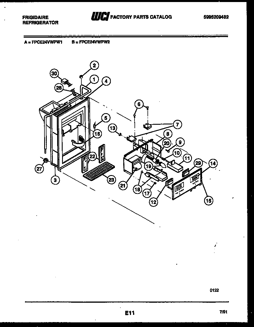 Frigidaire FPCE24VWPW2 ice door, dispenser and water tanks diagram