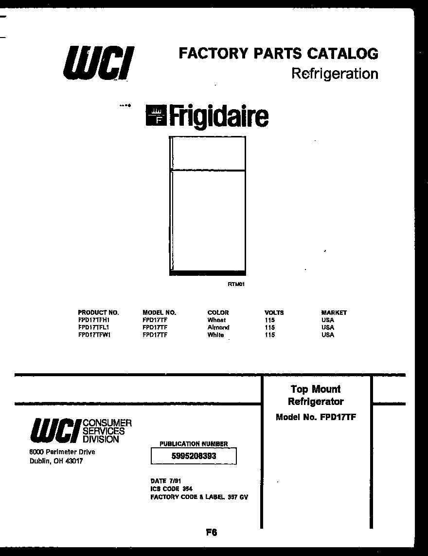 Frigidaire FPD17TFW1 cover diagram