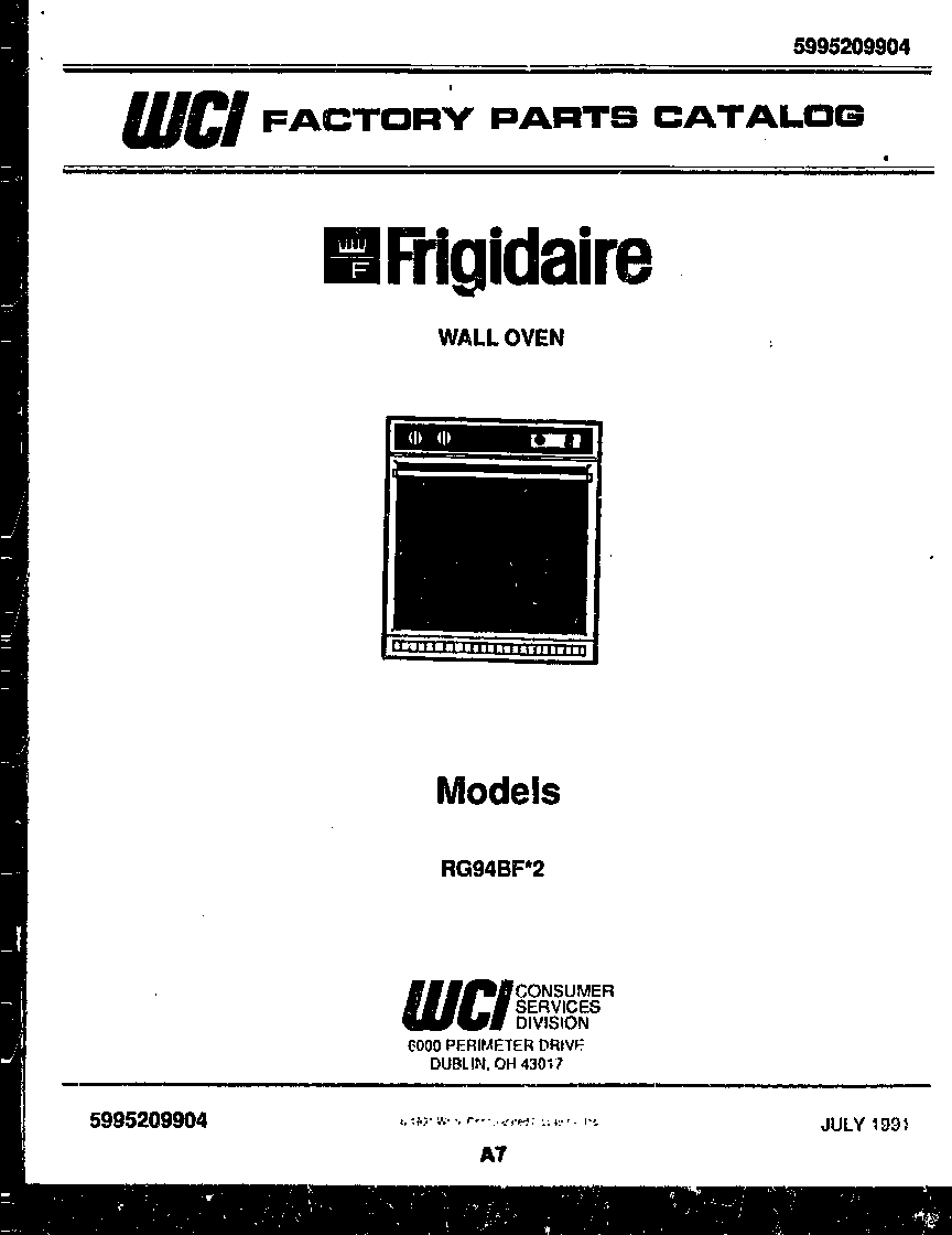 Frigidaire RG94BF2 cover page- text only diagram