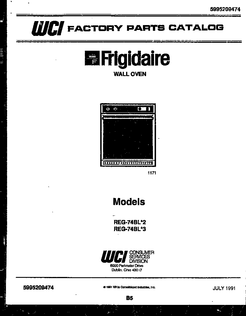 Frigidaire REG74BL3 cover page- text only diagram