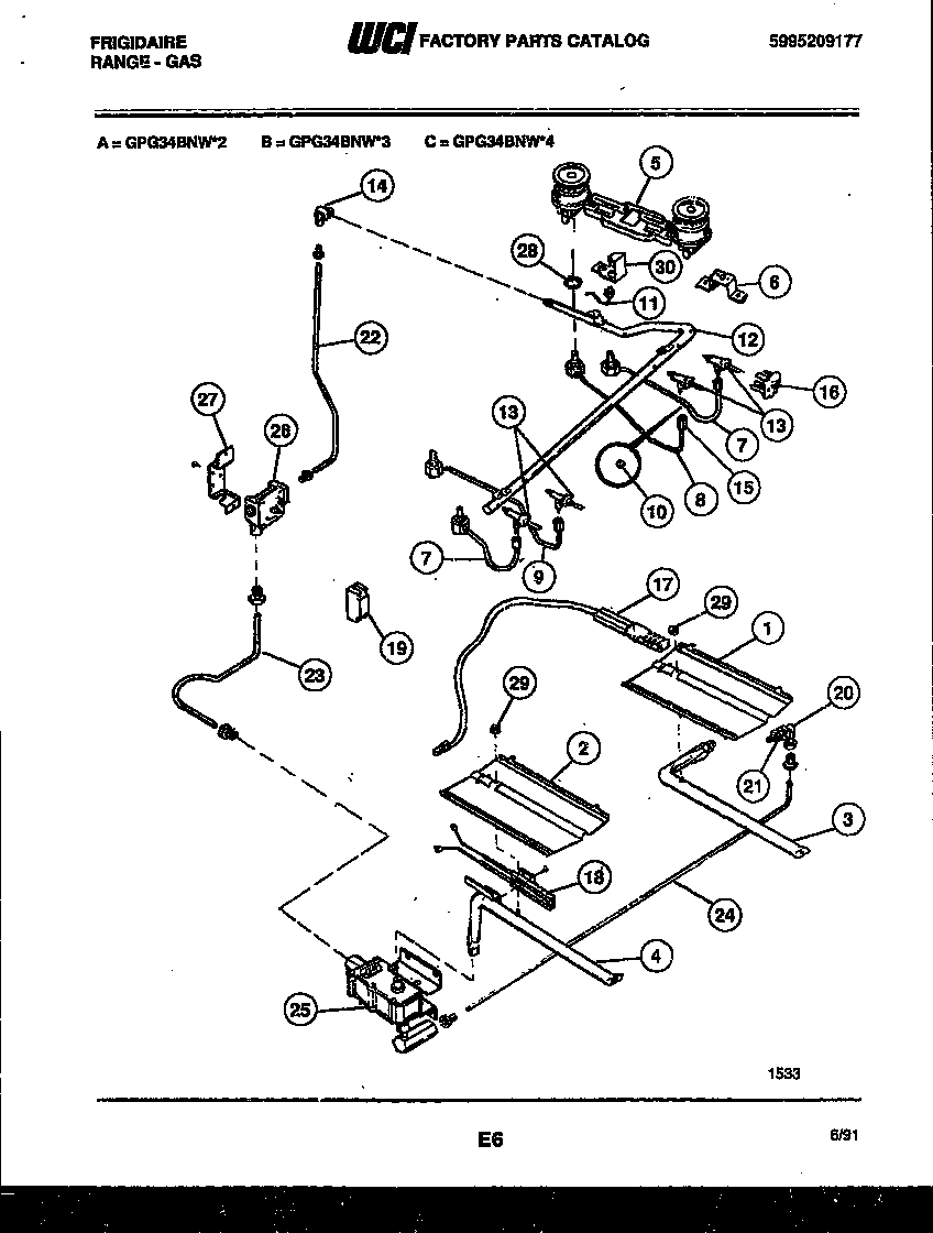 Frigidaire GPG34BNL3 burner, manifold and gas control diagram