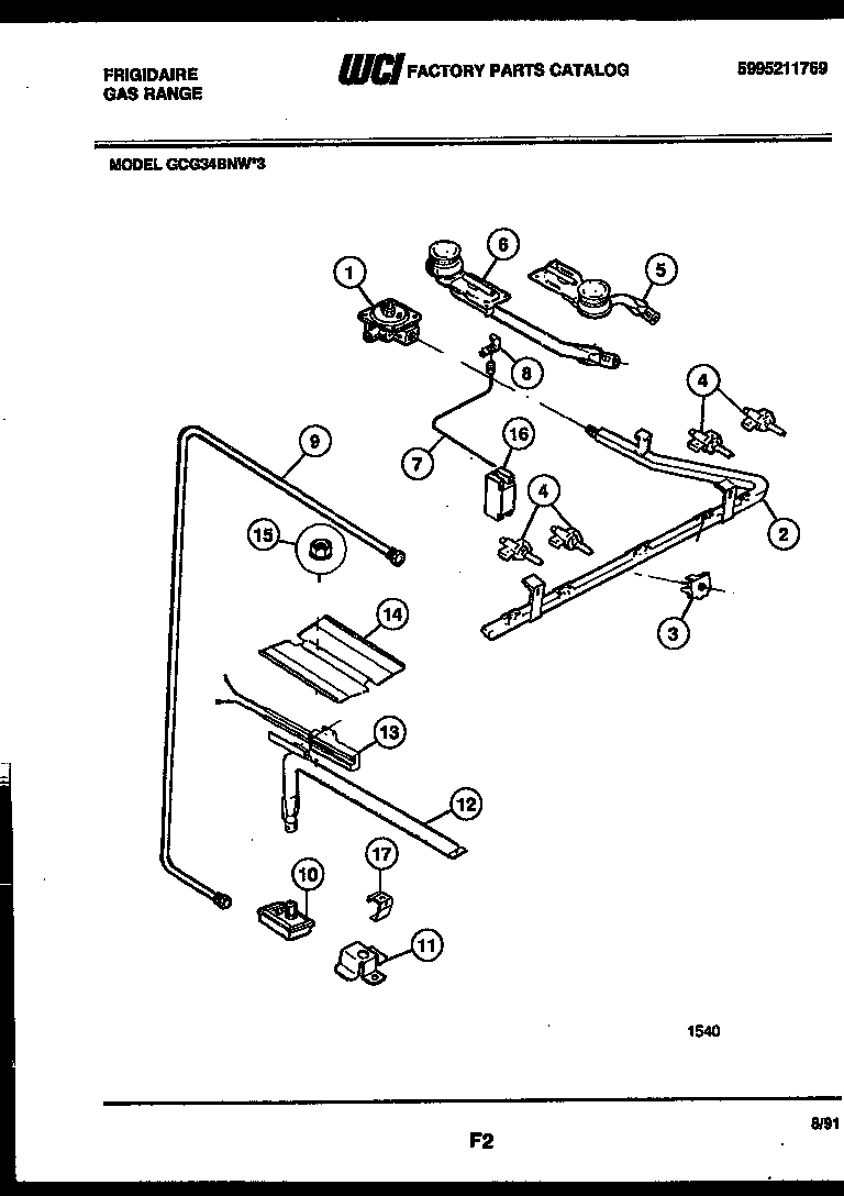 Frigidaire GCG34BNL3 burner, manifold and gas control diagram