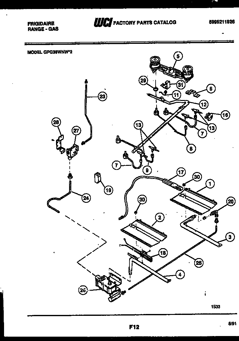 Frigidaire GPG39WNW2 burner, manifold and gas control diagram