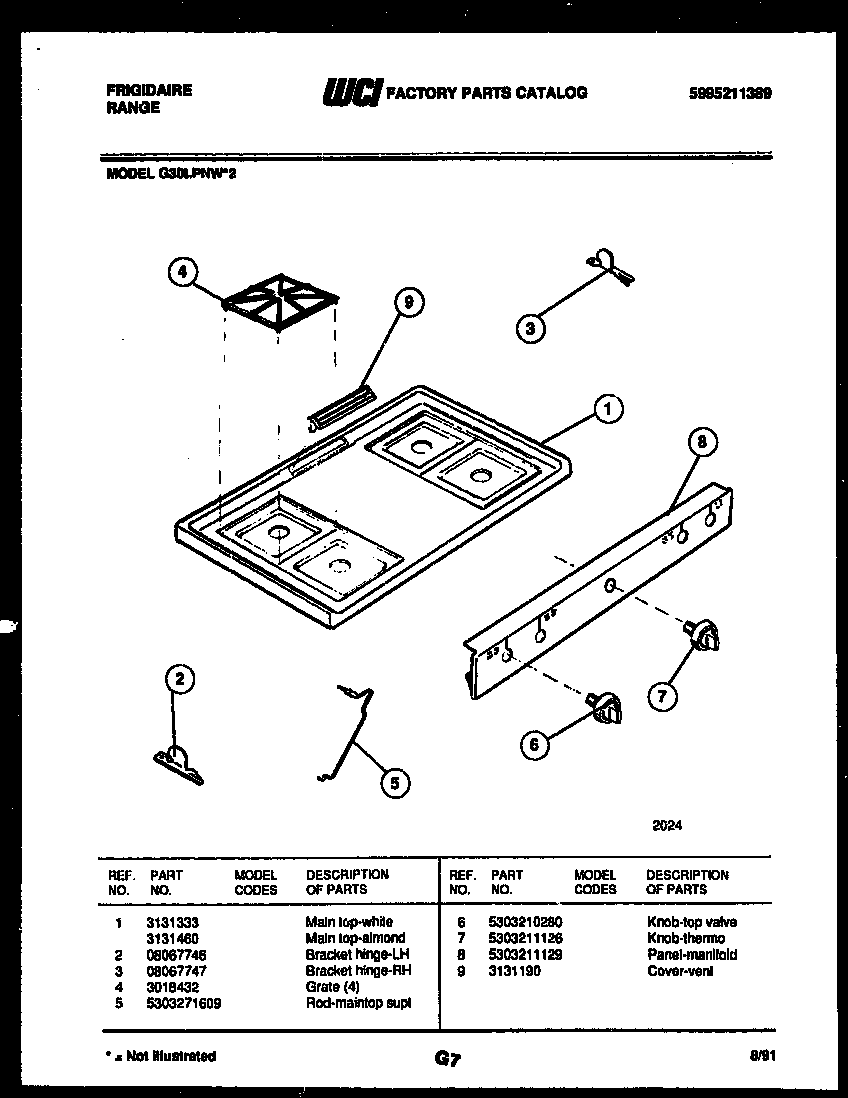 Frigidaire G30LPNW2 cooktop parts diagram