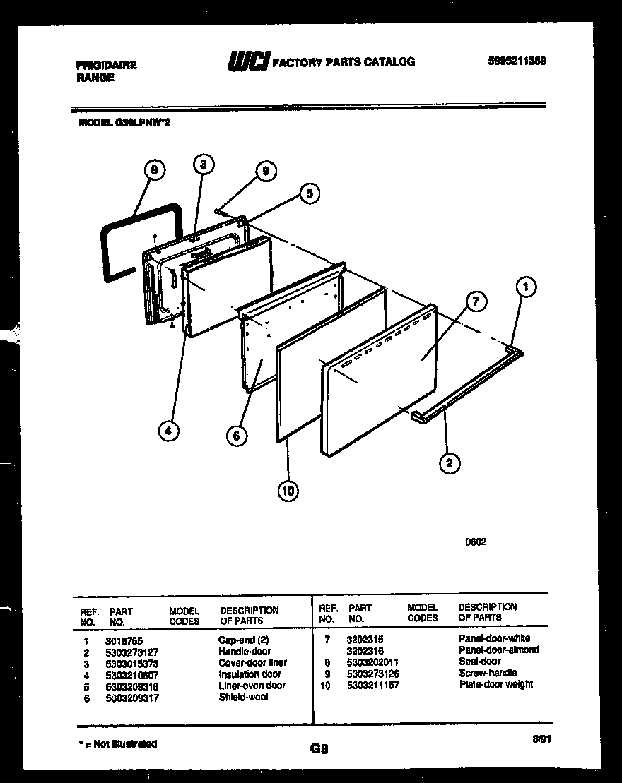 Frigidaire G30LPNW2 door parts diagram
