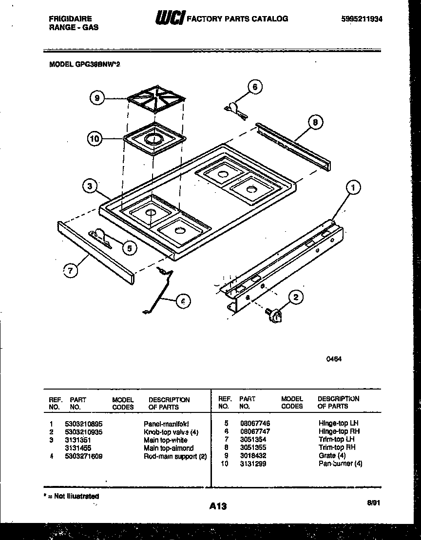 Frigidaire GPG38BNW2 cooktop parts diagram