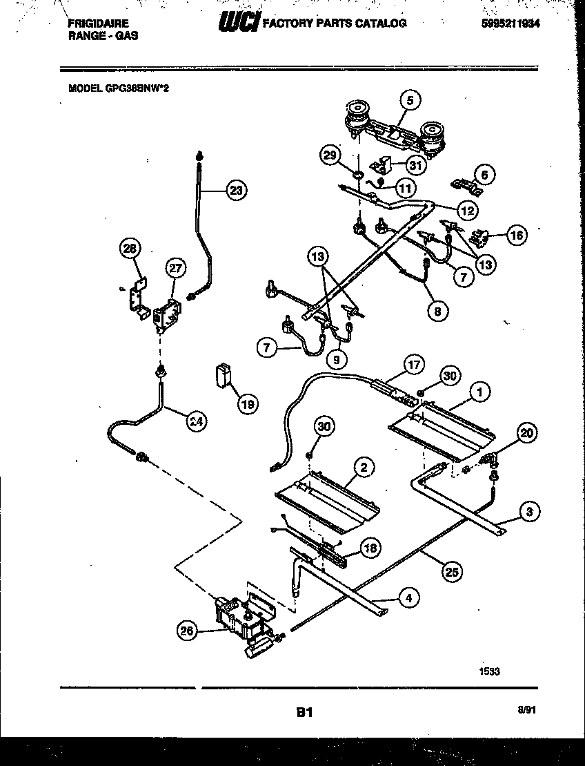 Frigidaire GPG38BNW2 burner, manifold and gas control diagram