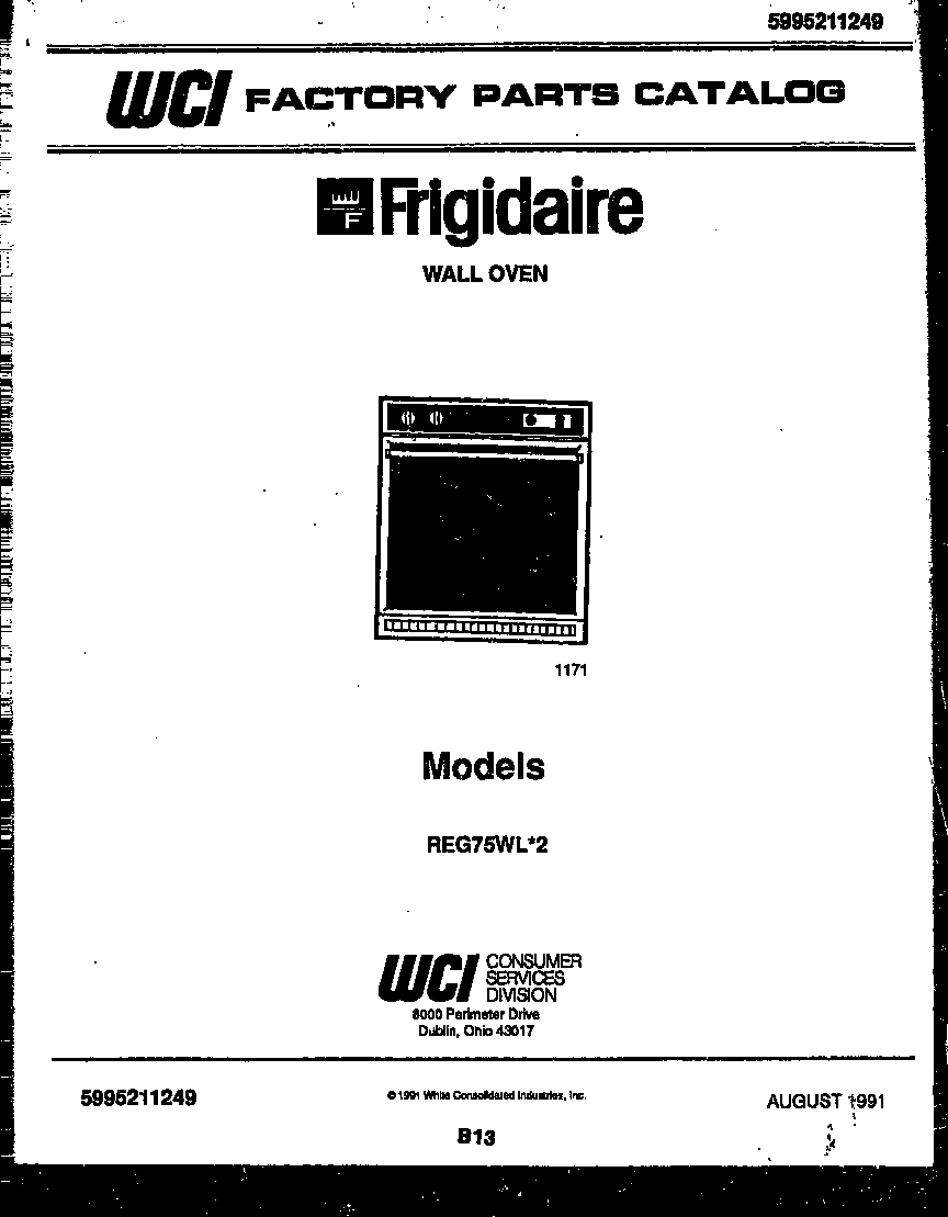 Frigidaire REG75WL2 cover page- text only diagram