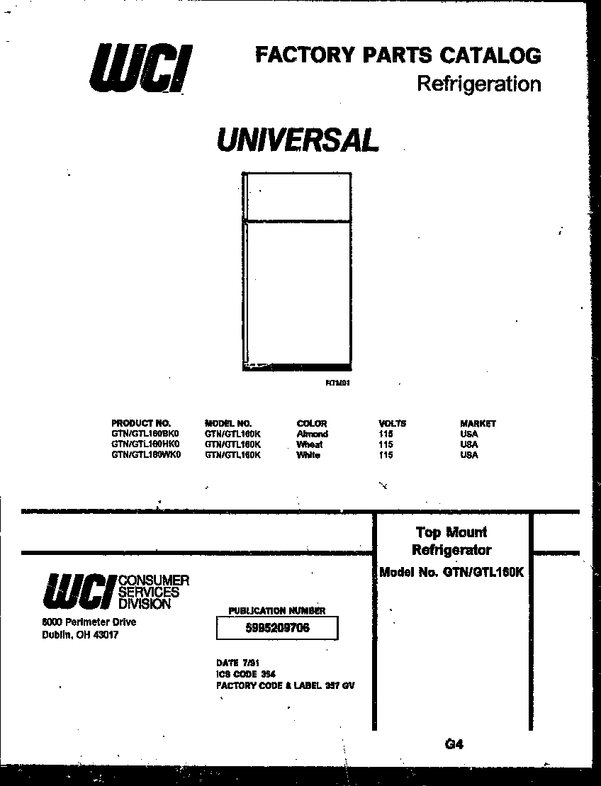Tappan GTL160HK0 cover diagram