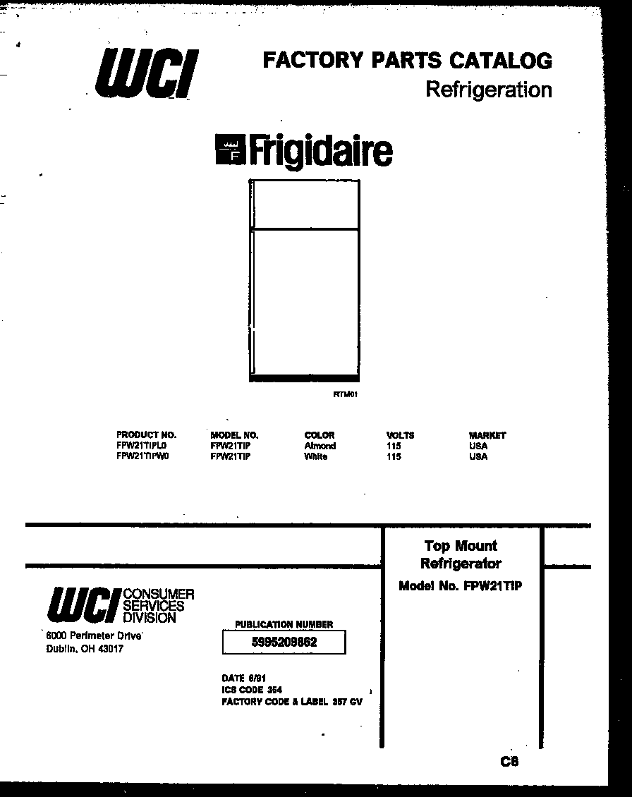 Frigidaire FPW21TIPL0 cover diagram