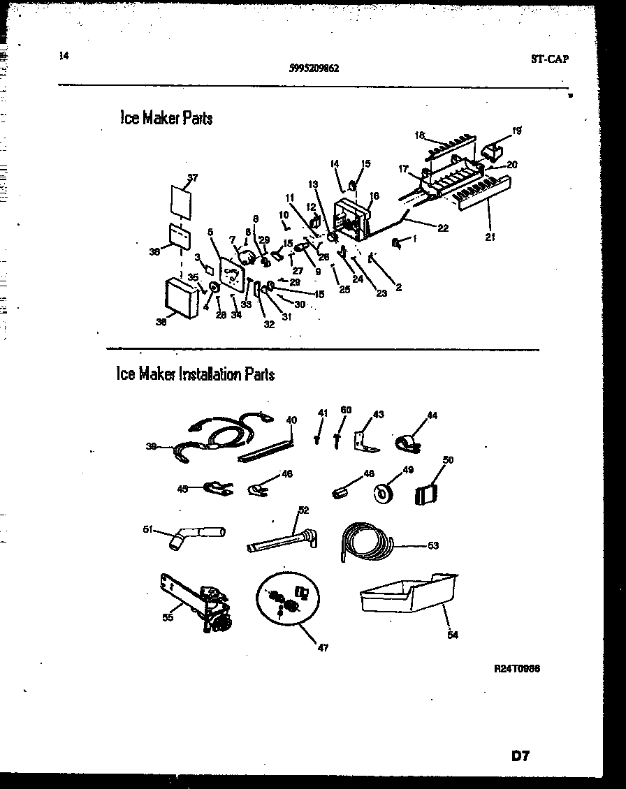 Frigidaire FPW21TIPL0 ice maker and installation parts diagram