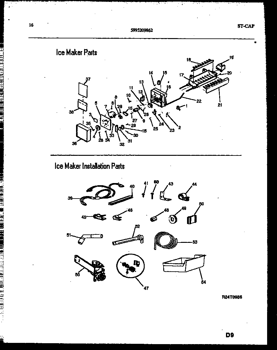 Frigidaire FPW21TIPL0 ice maker and installation parts diagram