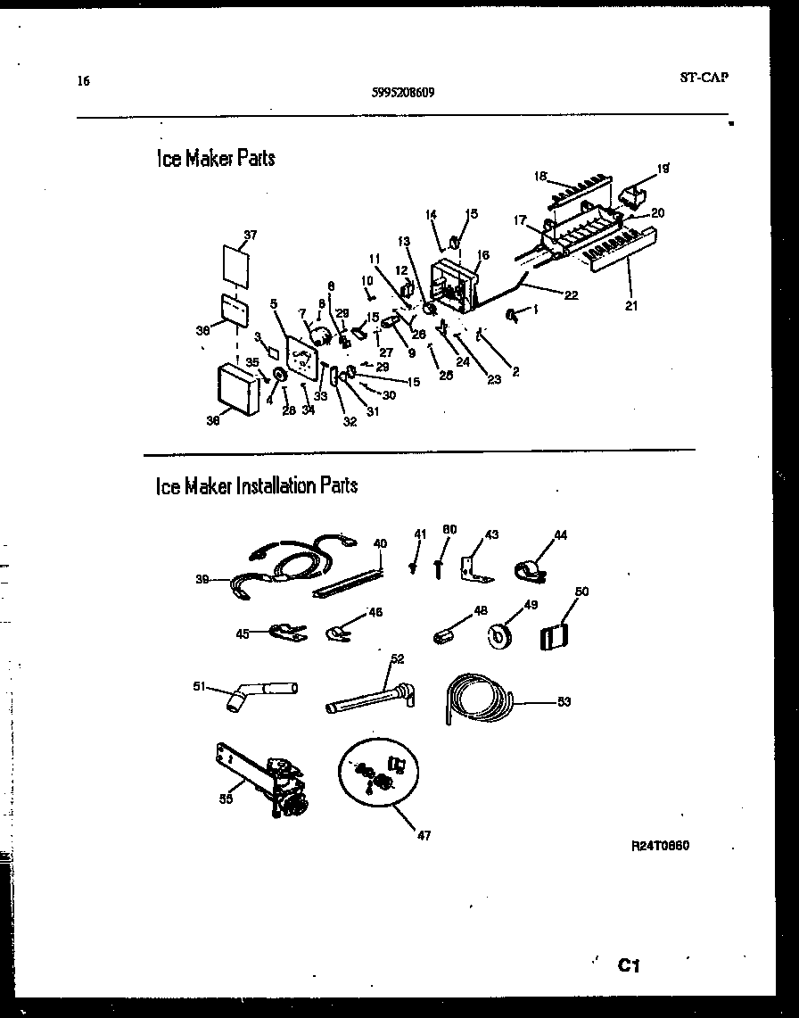 Frigidaire FPES19TIPW0 ice maker and installation parts diagram