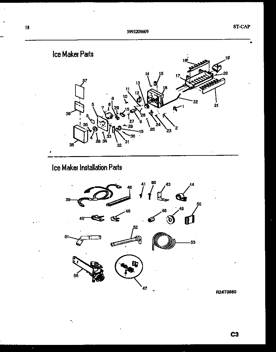 Frigidaire FPES19TIPW0 ice maker and installation parts diagram