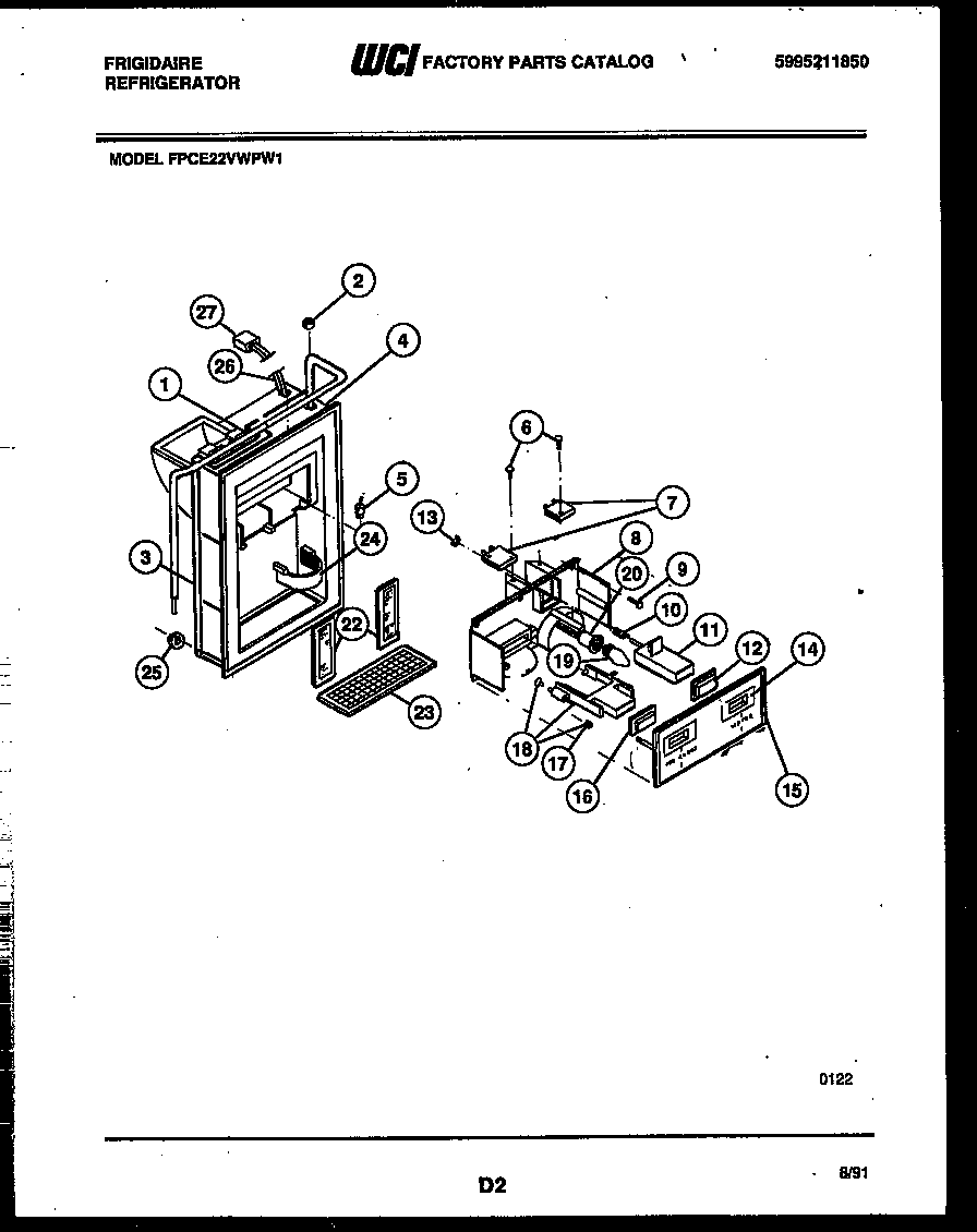 Frigidaire FPCE22VWPW1 ice door, dispenser and water tanks diagram