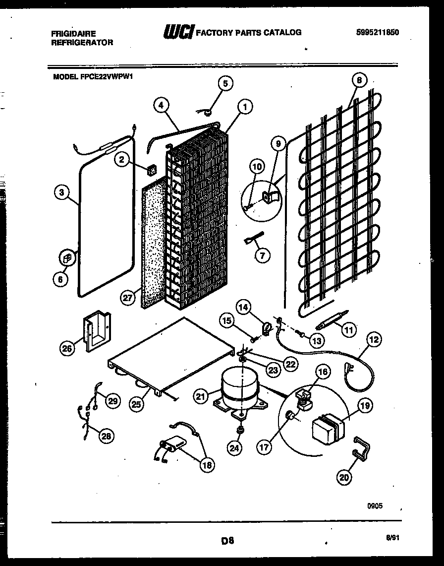 Frigidaire FPCE22VWPW1 system and automatic defrost parts diagram