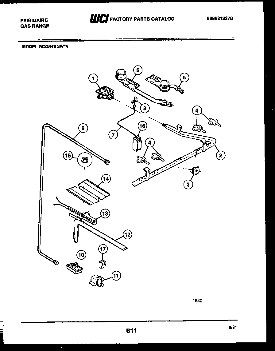 Frigidaire GCG34BNW4 burner, manifold and gas control diagram