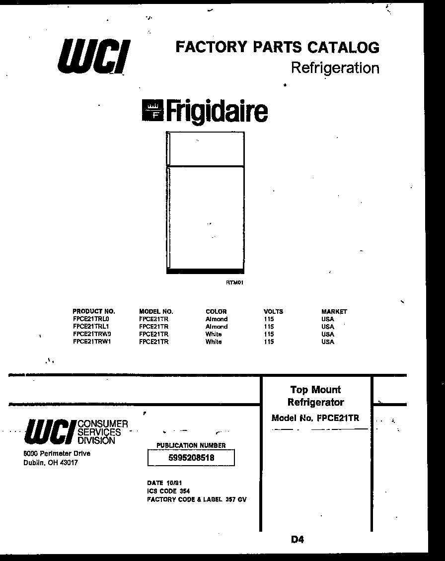 Frigidaire FPCE21TRW1 cover diagram