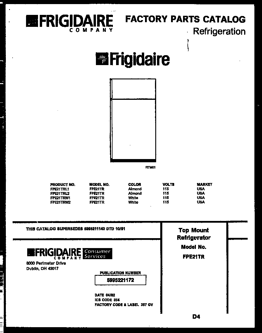 Frigidaire FPE21TRL1 cover diagram