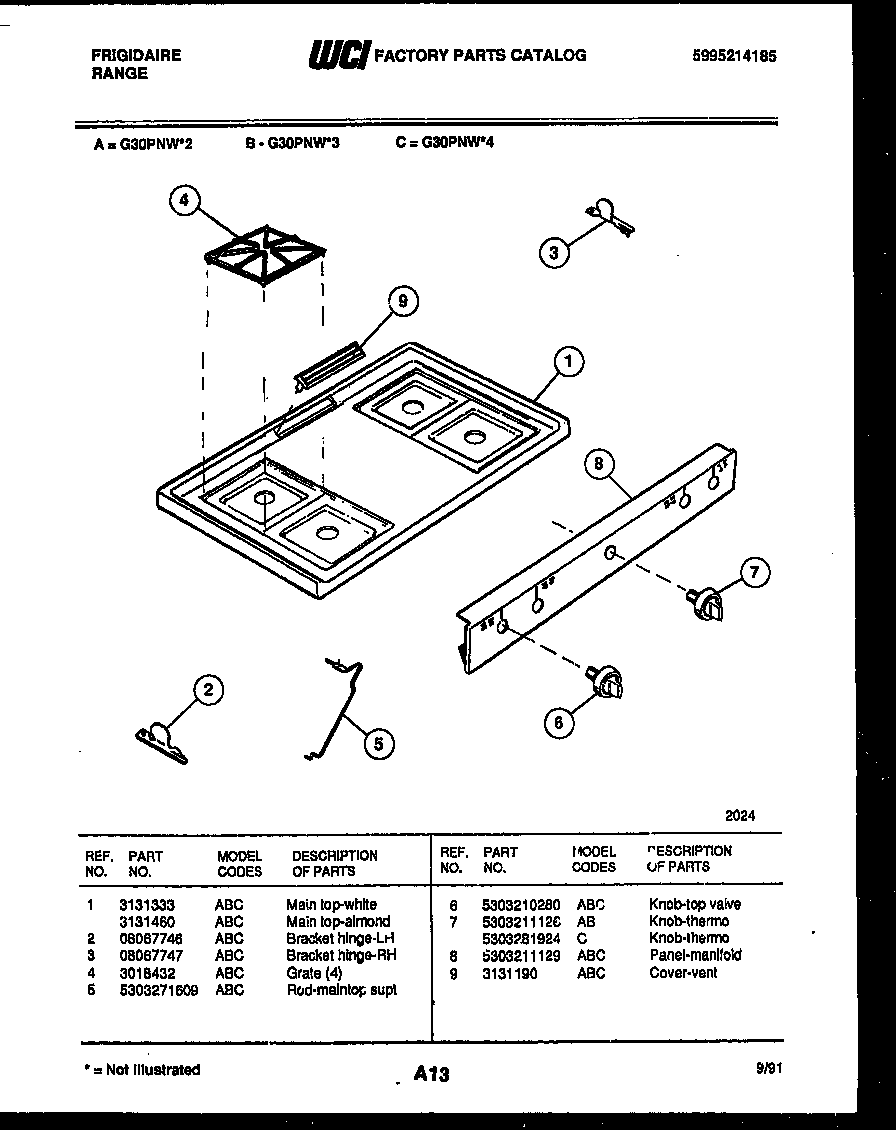 Frigidaire G30PNW2 cooktop parts diagram