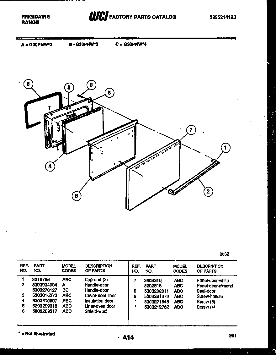 Frigidaire G30PNW2 door parts diagram