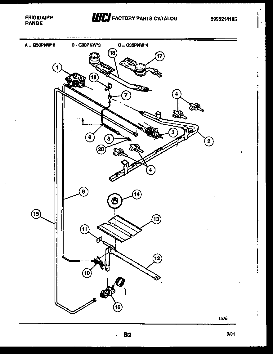 Frigidaire G30PNW2 burner, manifold and gas control diagram