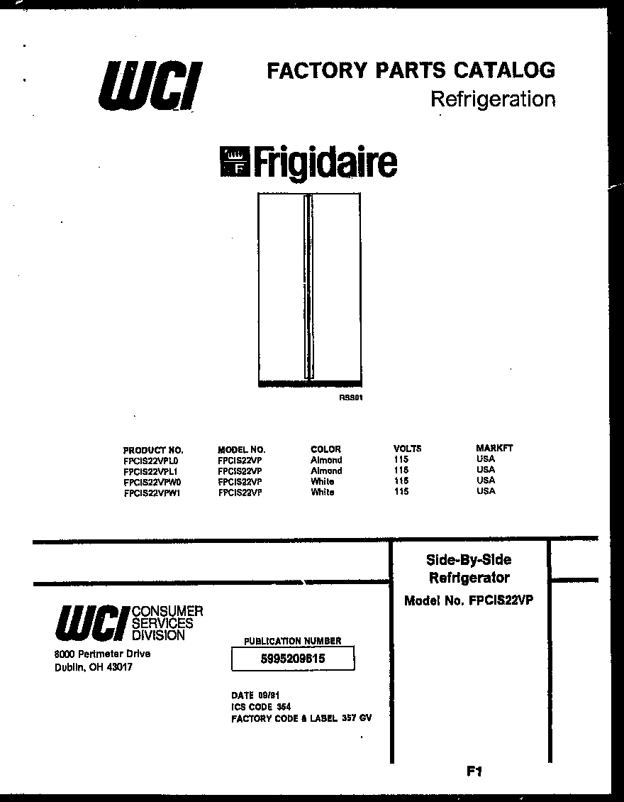 Frigidaire FPCIS22VPW1 front cover diagram