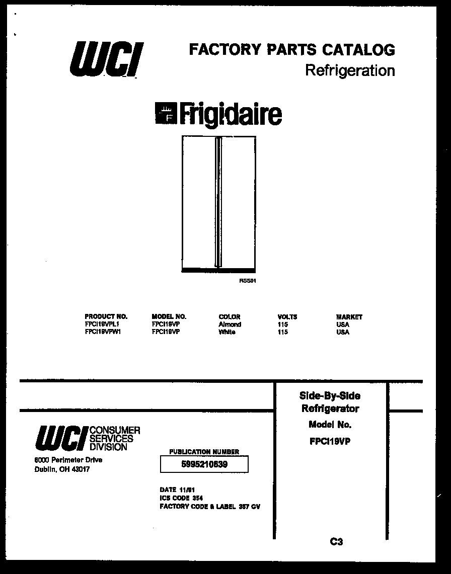 Frigidaire FPCI19VPL1 front cover diagram