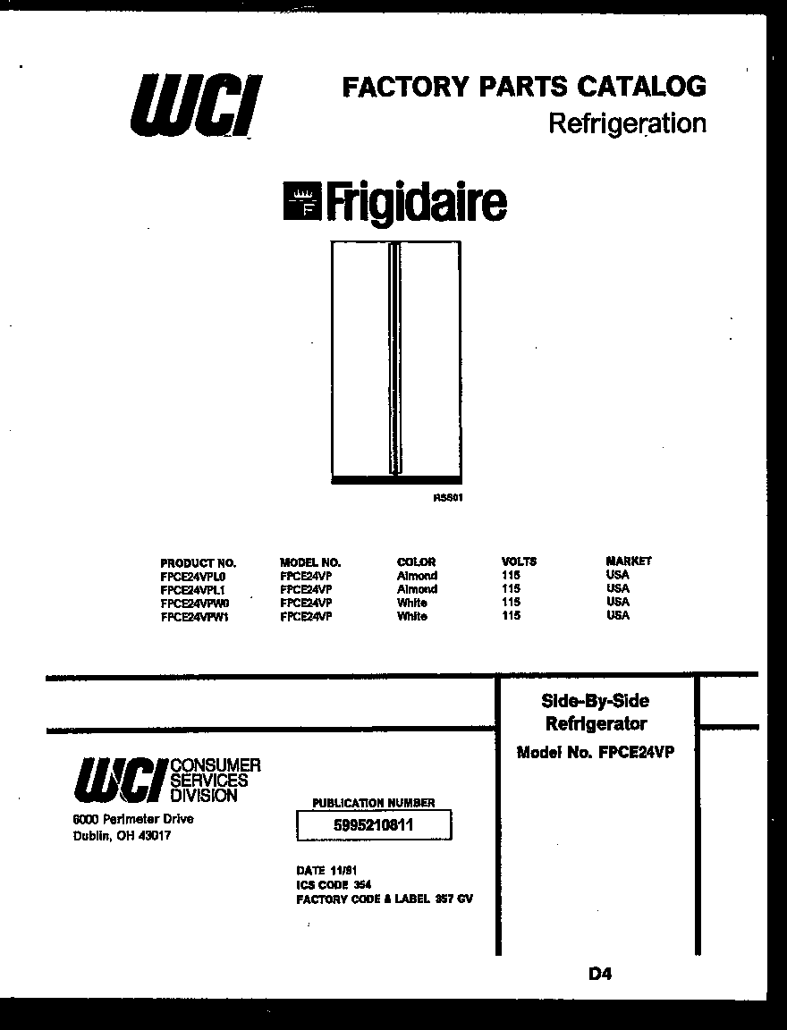 Frigidaire FPCE24VPW0 front cover diagram