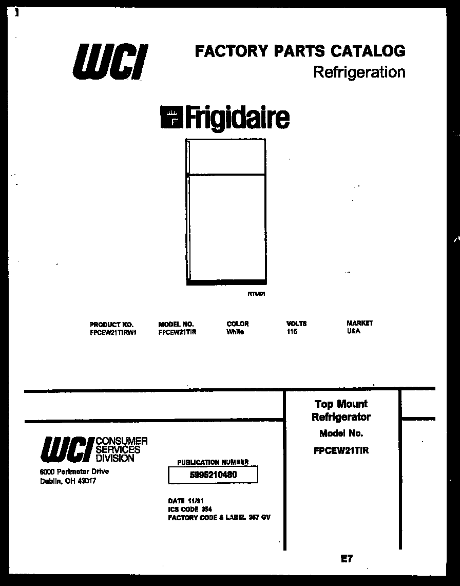 Frigidaire FPCEW21TIRW1 cover diagram
