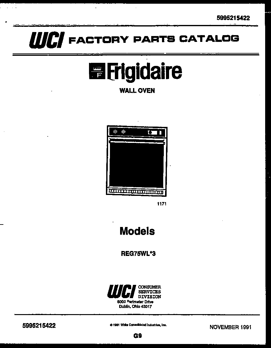 Frigidaire REG75WL3 cover page- text only diagram