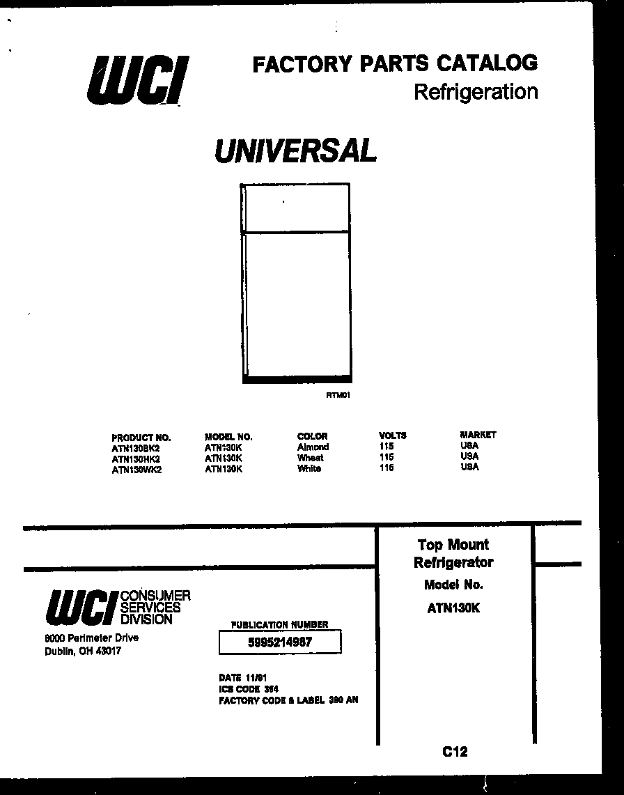Frigidaire ATN130BK2 cover diagram