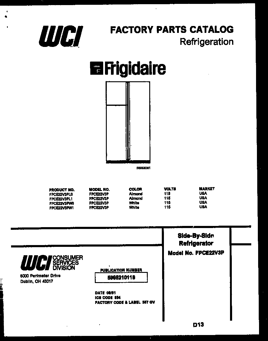 Frigidaire FPCE22V3PW0 front cover diagram